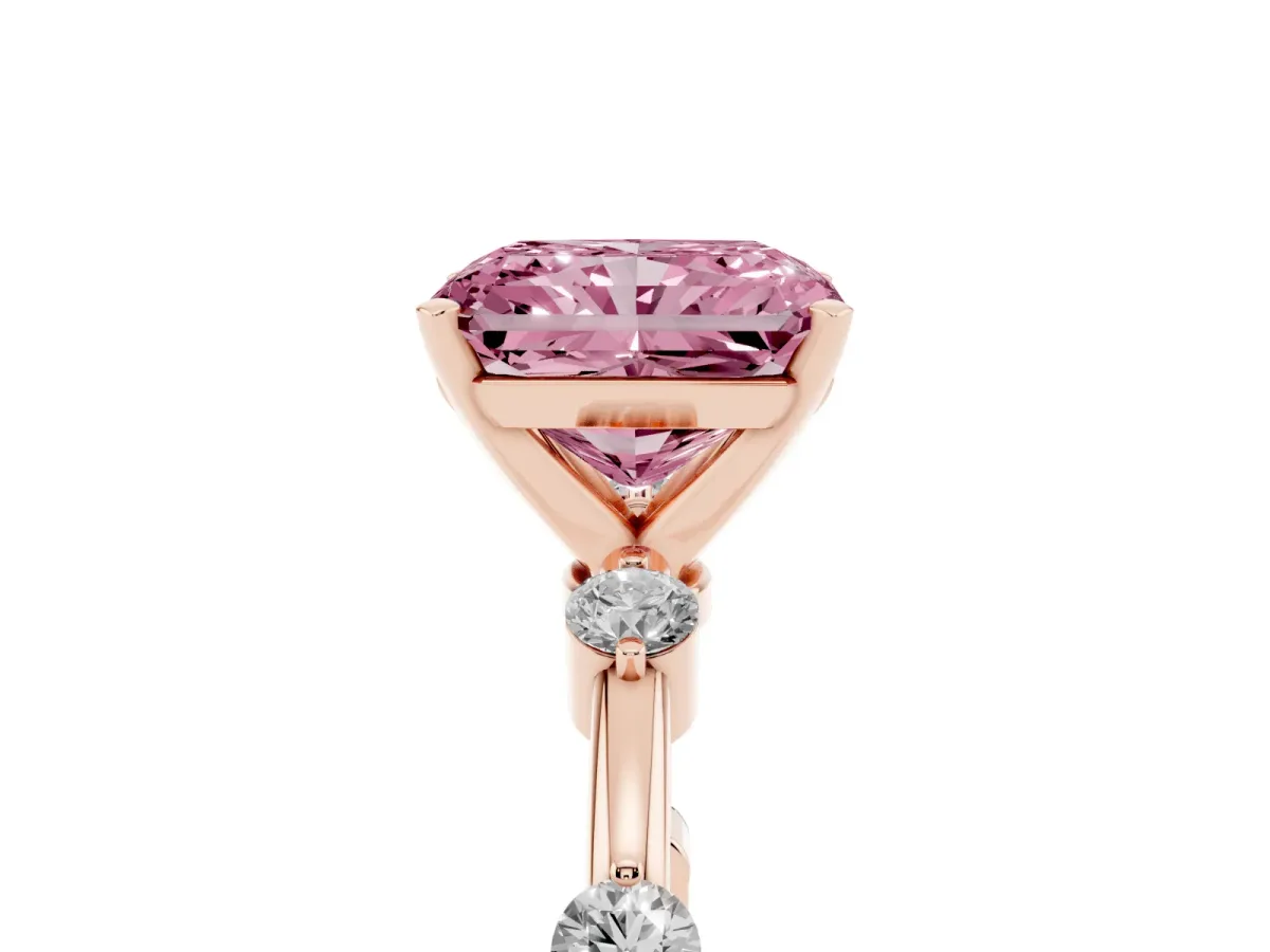 Fancy Pink Radiant Cut Solitaire Diamond Ring with Bezel Set Side Stones and Prong Setting Rose gold