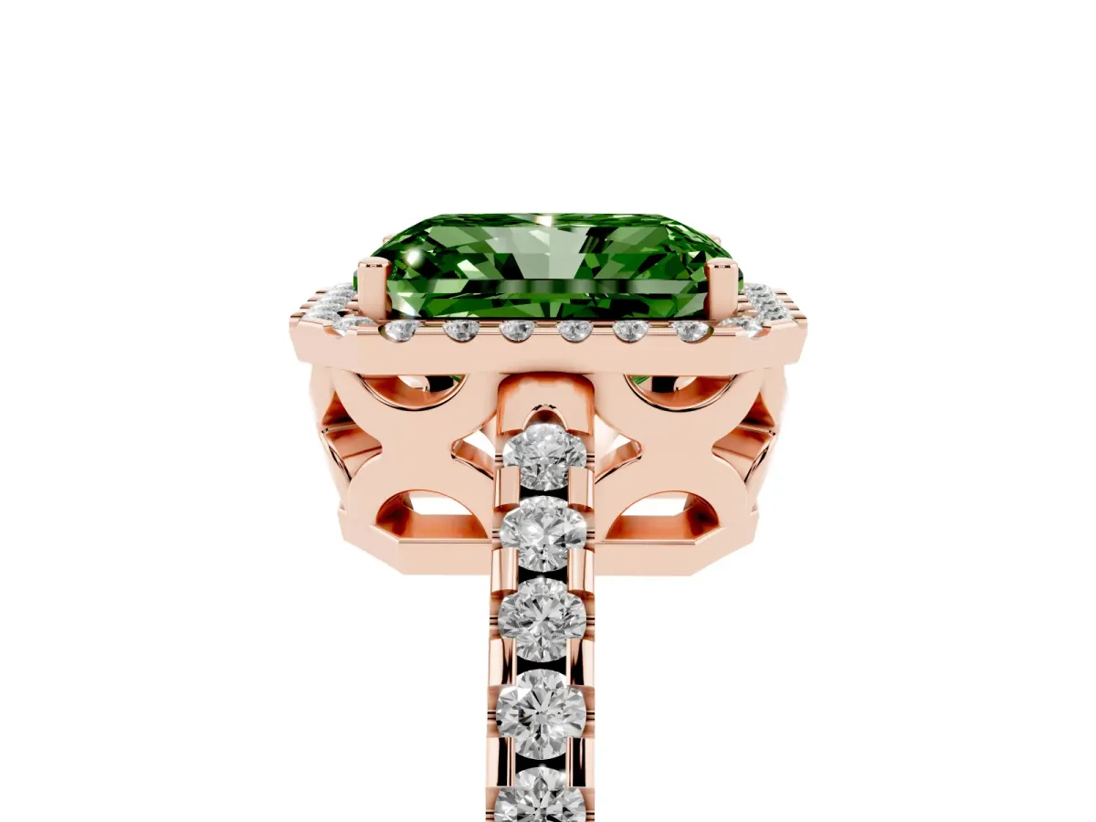 Fancy Green Radiant Cut Diamond Halo Engagement Ring with Pavé Band and Prong Setting Rose gold