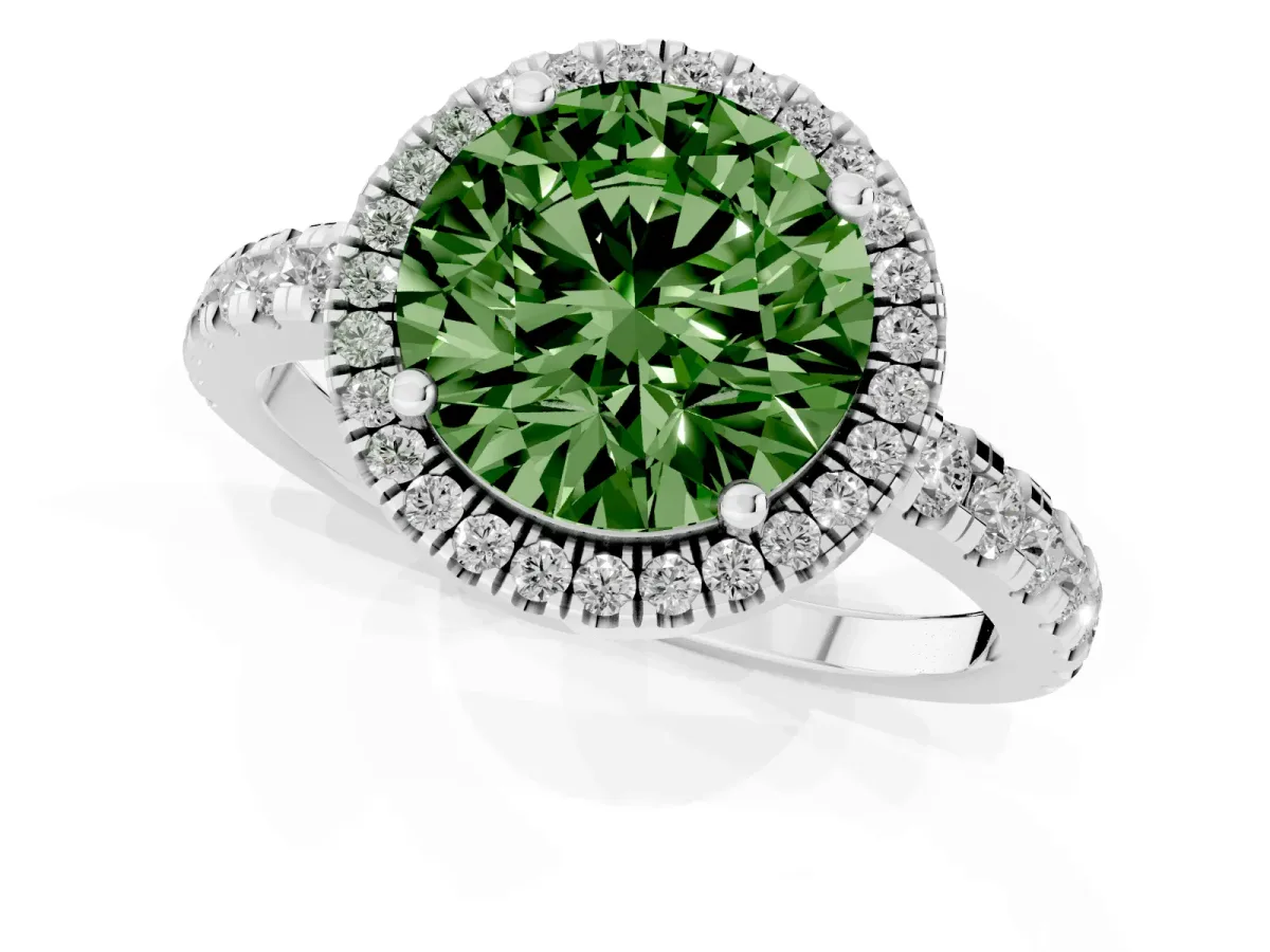 Fancy Green Round Cut Diamond Halo Ring with Pavé Band and Four-Prong Setting Silver
