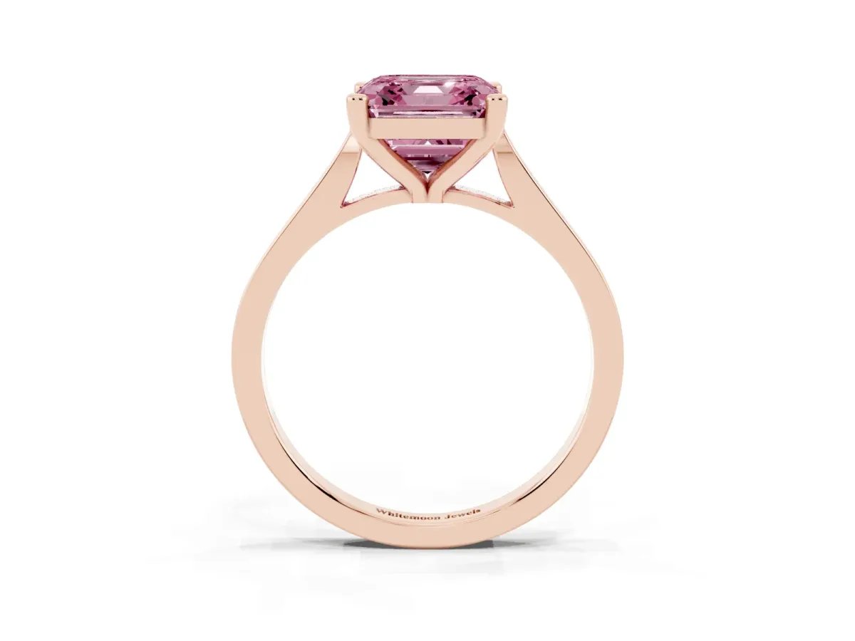 Fancy Pink Asscher Cut Solitaire Diamond Ring with Four-Prong Setting and Tapered Band Rose gold