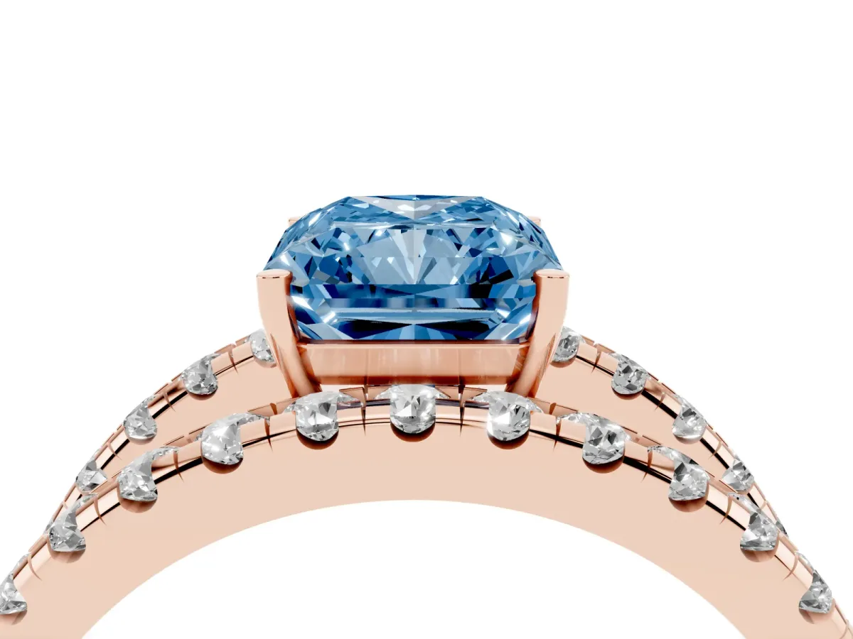 Fancy Blue Radiant Cut Solitaire Split Shank Pave Diamond Ring Rose gold