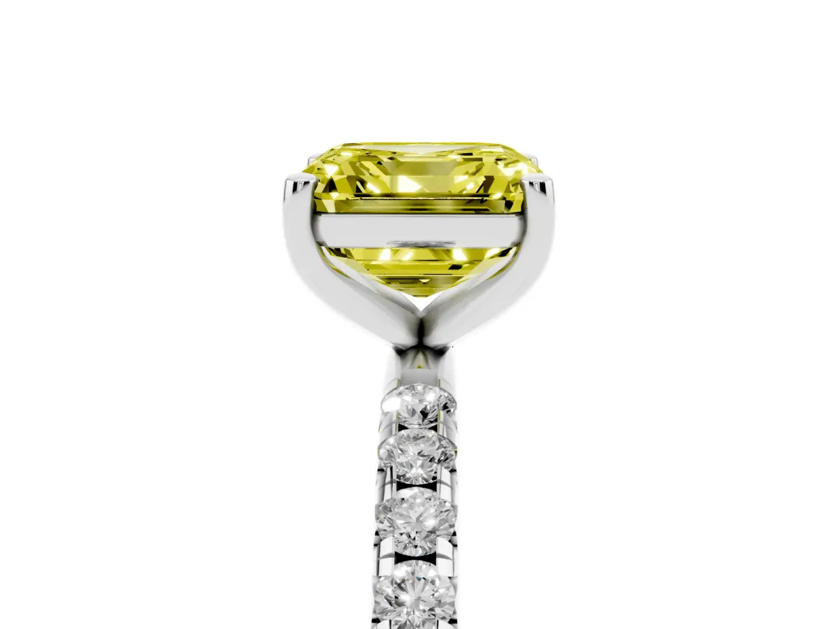Fancy Yellow Asscher Cut Cut Diamond Solitaire Ring with Micro Pave Band and Four Prong Setting Platinum