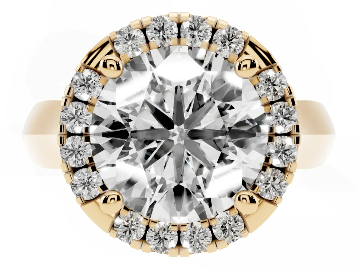 Round Cut Cut Halo Solitaire Engagement Ring with Square Band and Four-Prong Setting Yellow gold