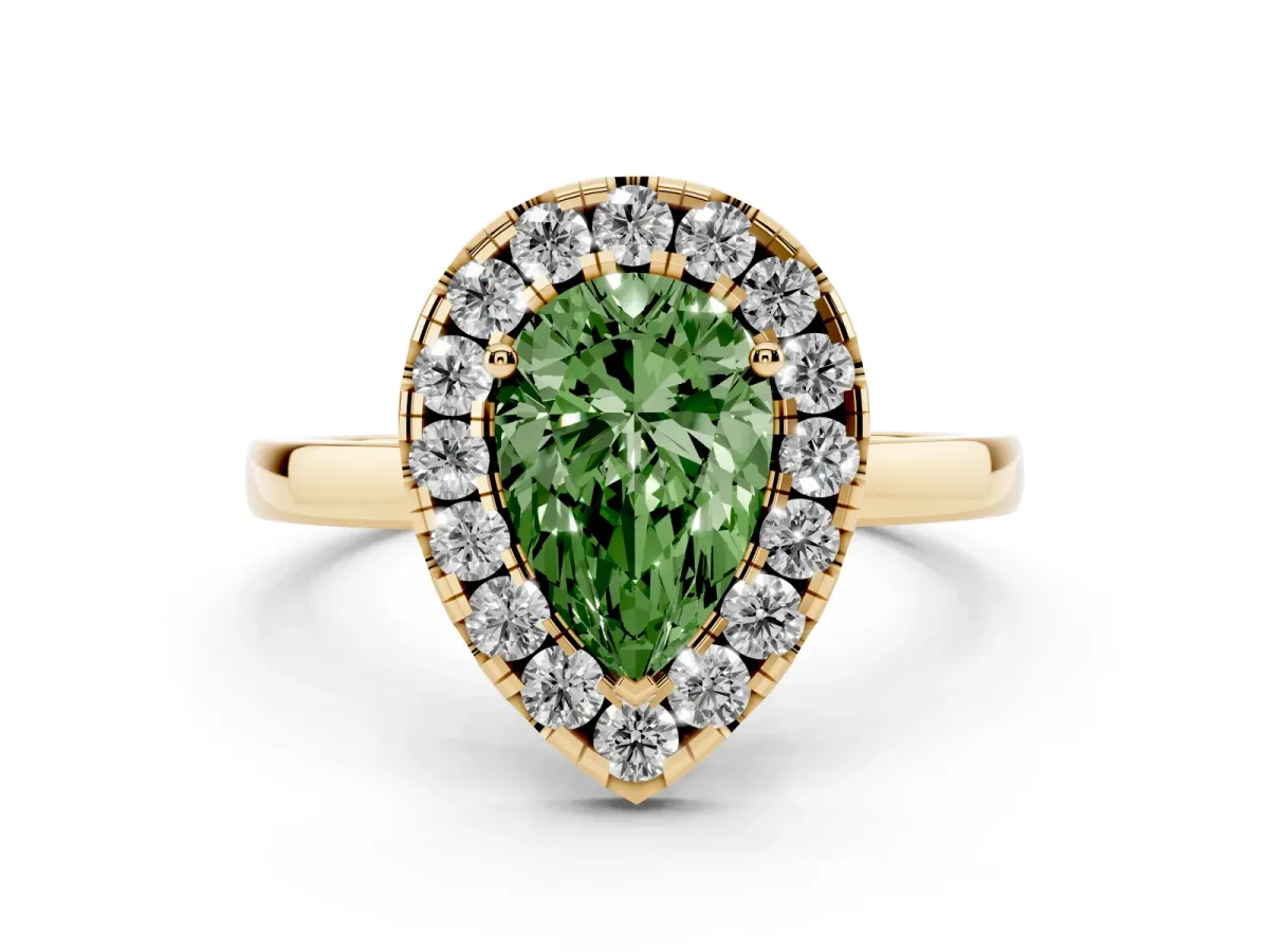 Fancy Green Pear Cut Halo Diamond Solitaire with Pavé Band and Four-Prong Setting Yellow gold
