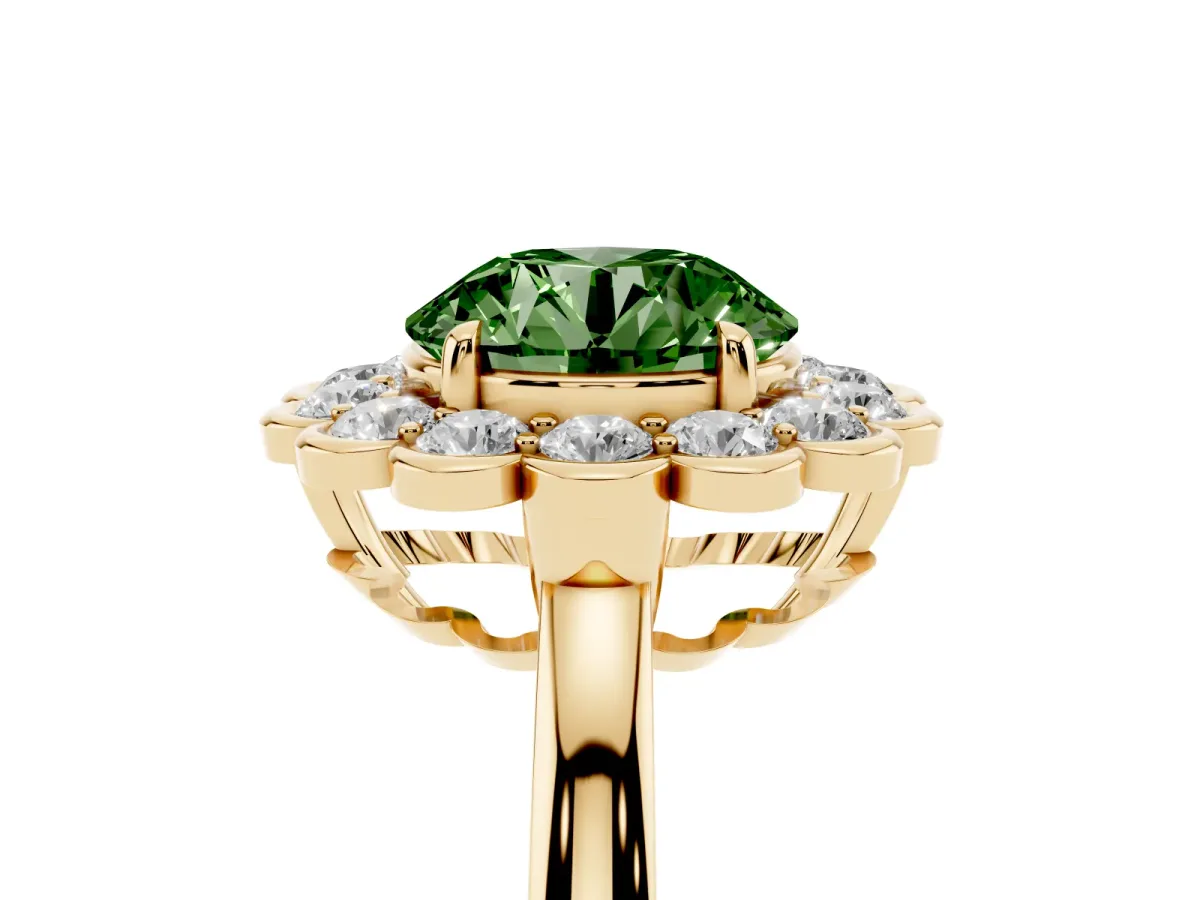 Fancy Green Round Cut Halo Cluster Diamond Engagement Ring with Solitaire Band and Prong Setting Yellow gold