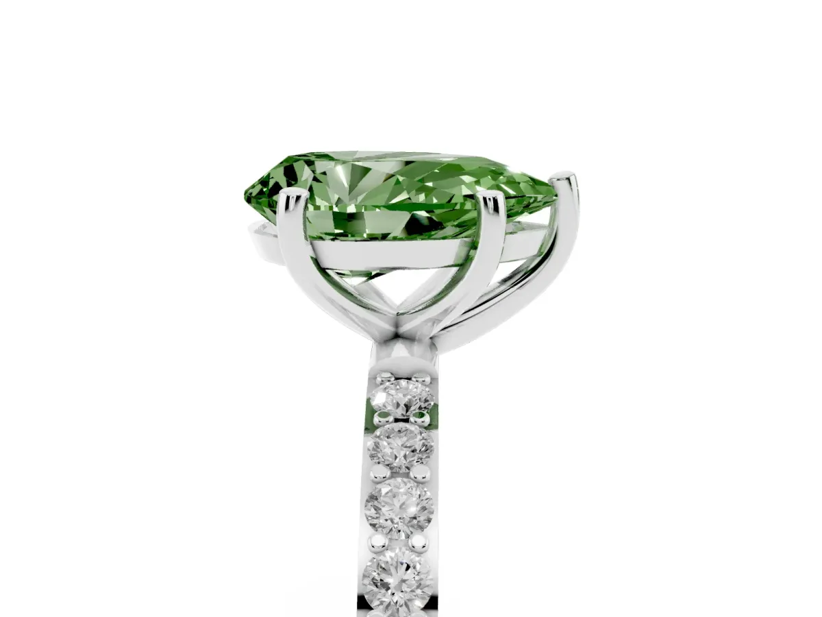 Fancy Green Pear Cut Diamond Solitaire Ring with Round Pavé Shoulders and Prong Setting Silver