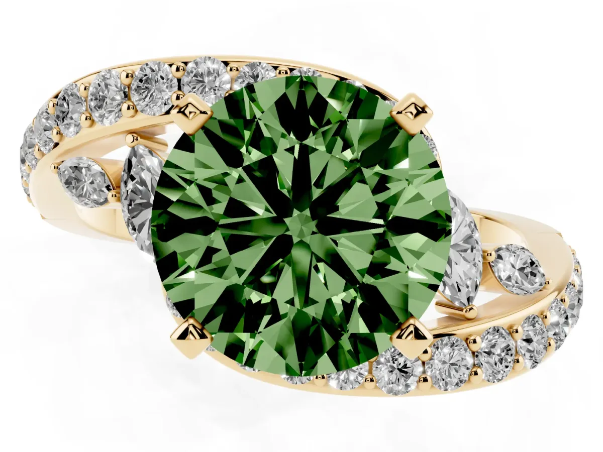 Fancy Green Round Cut Solitaire with Pavé Twist Band and Four-Prong Setting Yellow gold