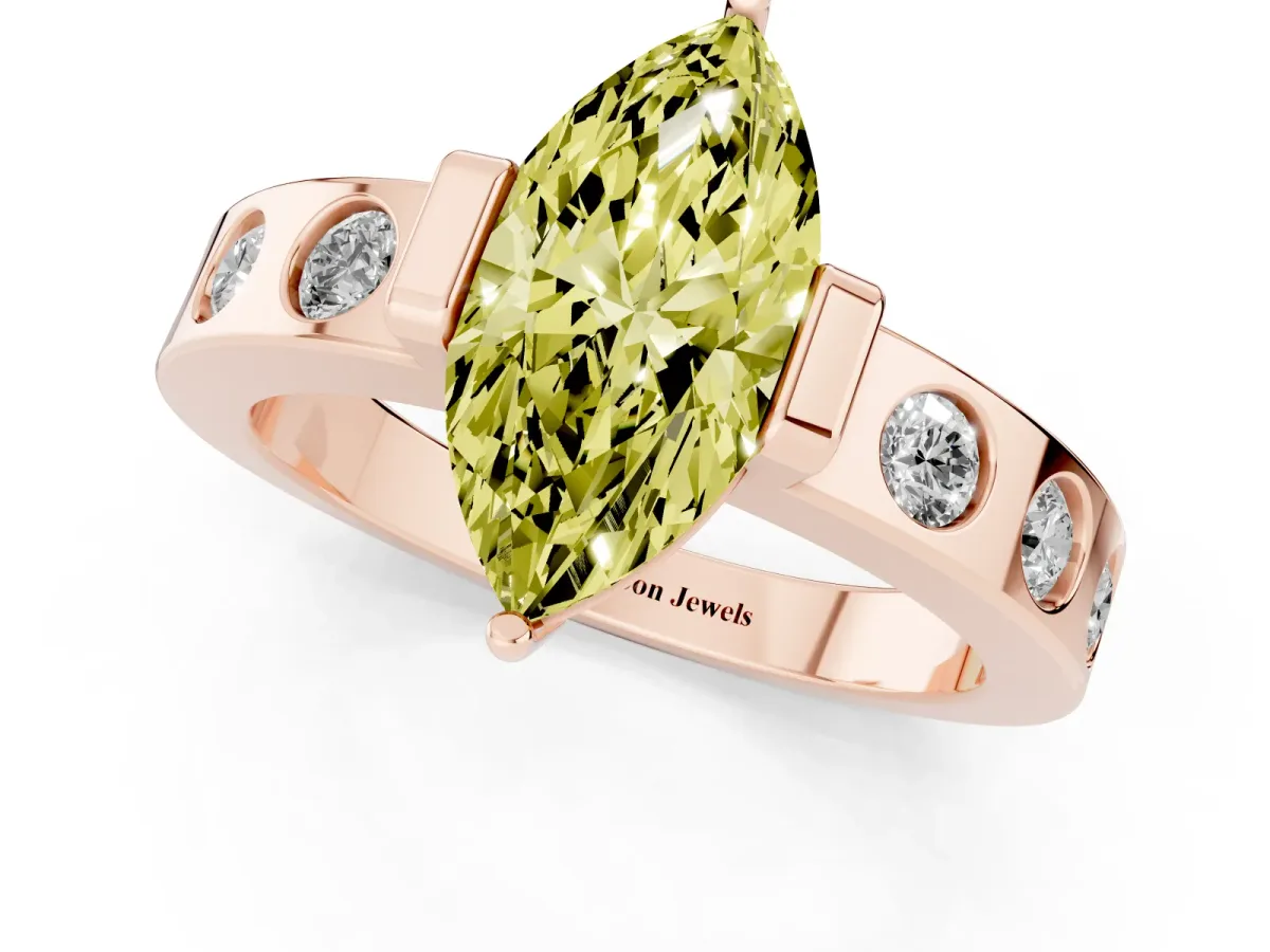 Fancy Yellow Marquise Cut Brilliant Channel-Set Diamond Ring with Bezel Prong Setting Rose gold