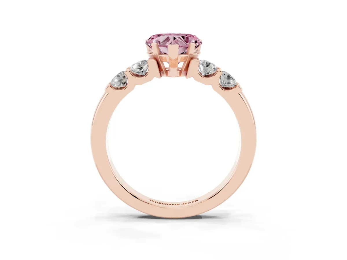 Fancy Pink Heart Cut Brilliant Cut Diamond Five-Stone Prong Set Engagement Ring with Channel Band Rose gold