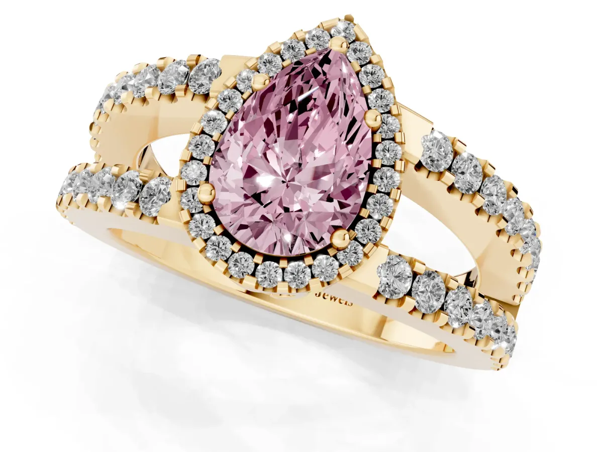 Fancy Pink Pear Cut Cut Halo Split Shank Diamond Ring with Four-Prong Setting Yellow gold