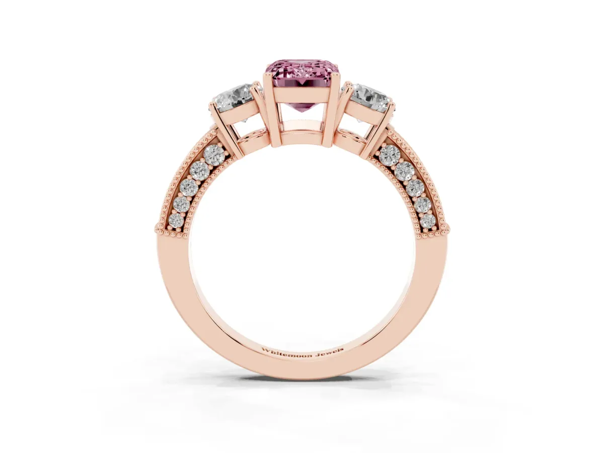 Fancy Pink Emerald Cut Three-Stone Diamond Ring with Pavé Band and Four-Prong Setting Rose gold