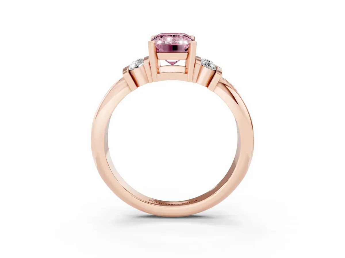 Fancy Pink Emerald Cut Cut Three-Stone Channel Set Ring with Bar Prongs Rose gold
