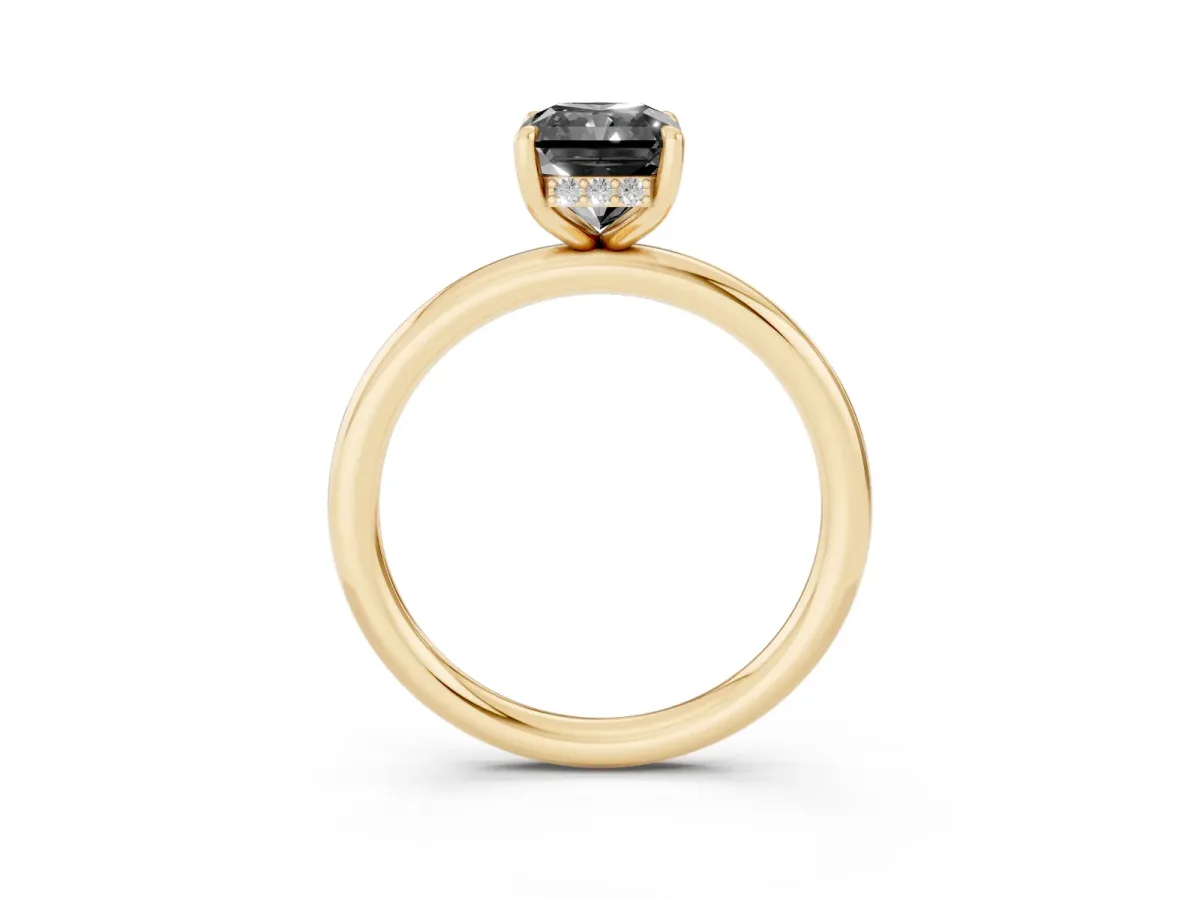 Fancy Black Radiant Cut Diamond Solitaire Ring with Thin Band and Four-Prong Setting Yellow gold