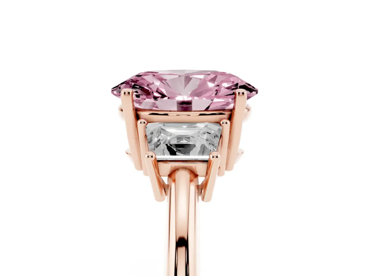 Fancy Pink Oval Cut Diamond Three-Stone Ring with Trapezoid Side Stones and Prong Setting Rose gold