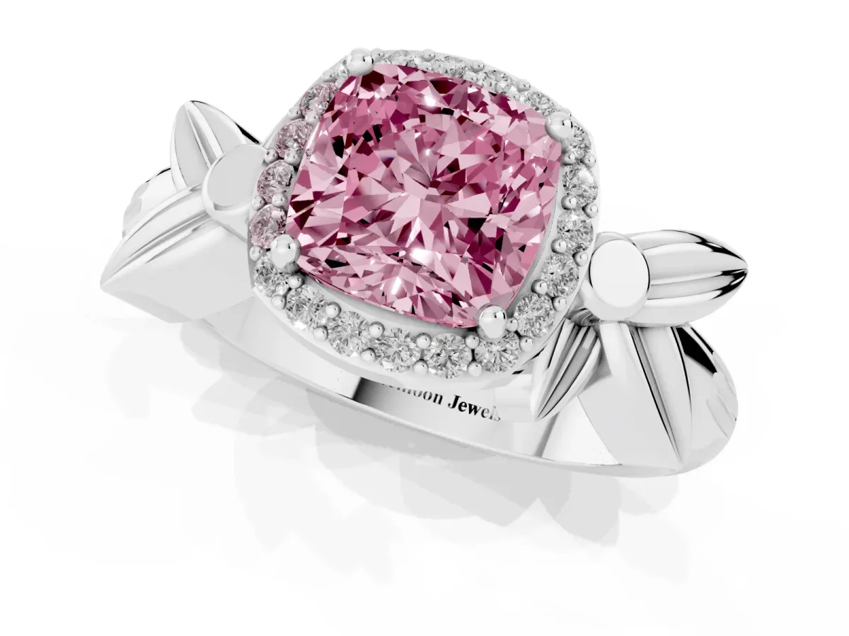 Fancy Pink Cushion Cut Halo Diamond Floral Band with Four-Prong Setting White gold