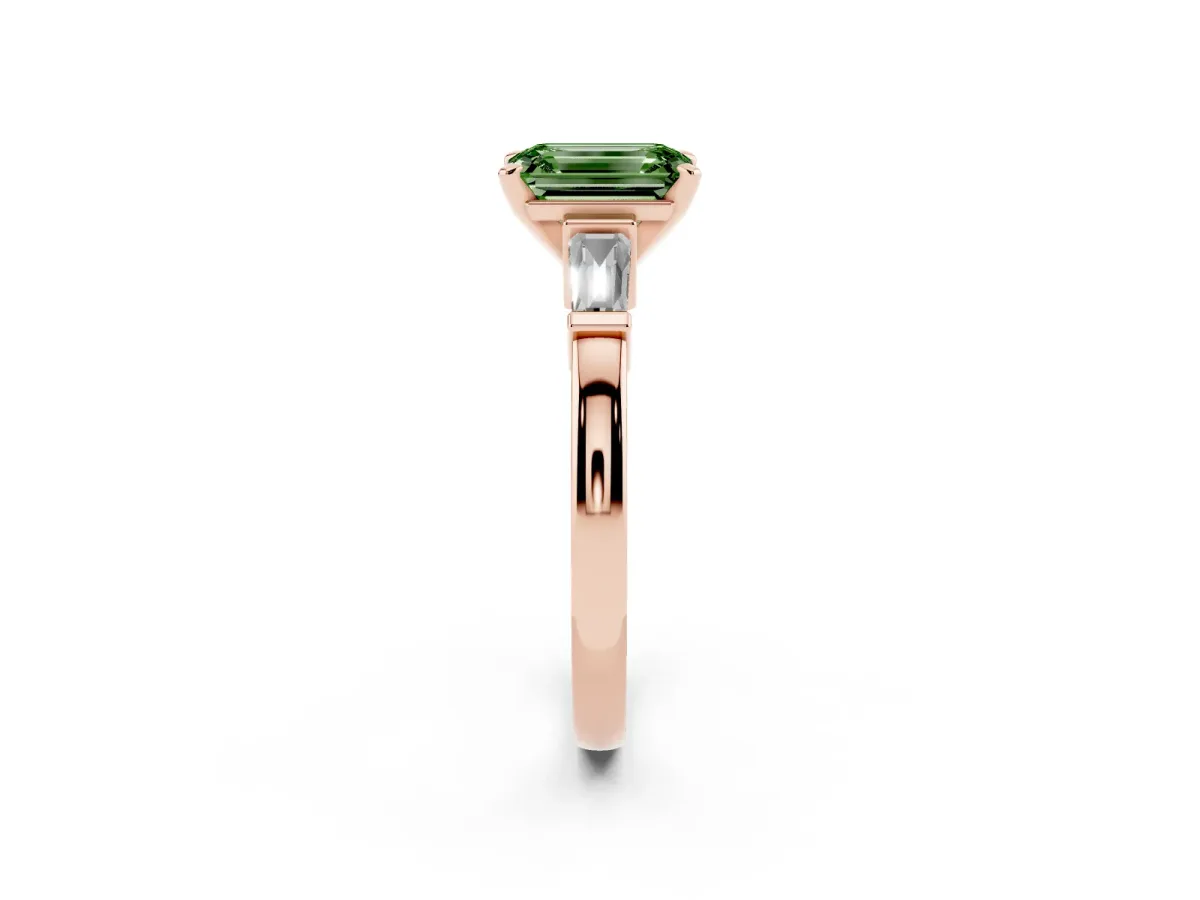 Fancy Green Emerald Cut Cut Diamond Solitaire Ring with Tapered Baguette Accents and Four-Prong Setting Rose gold