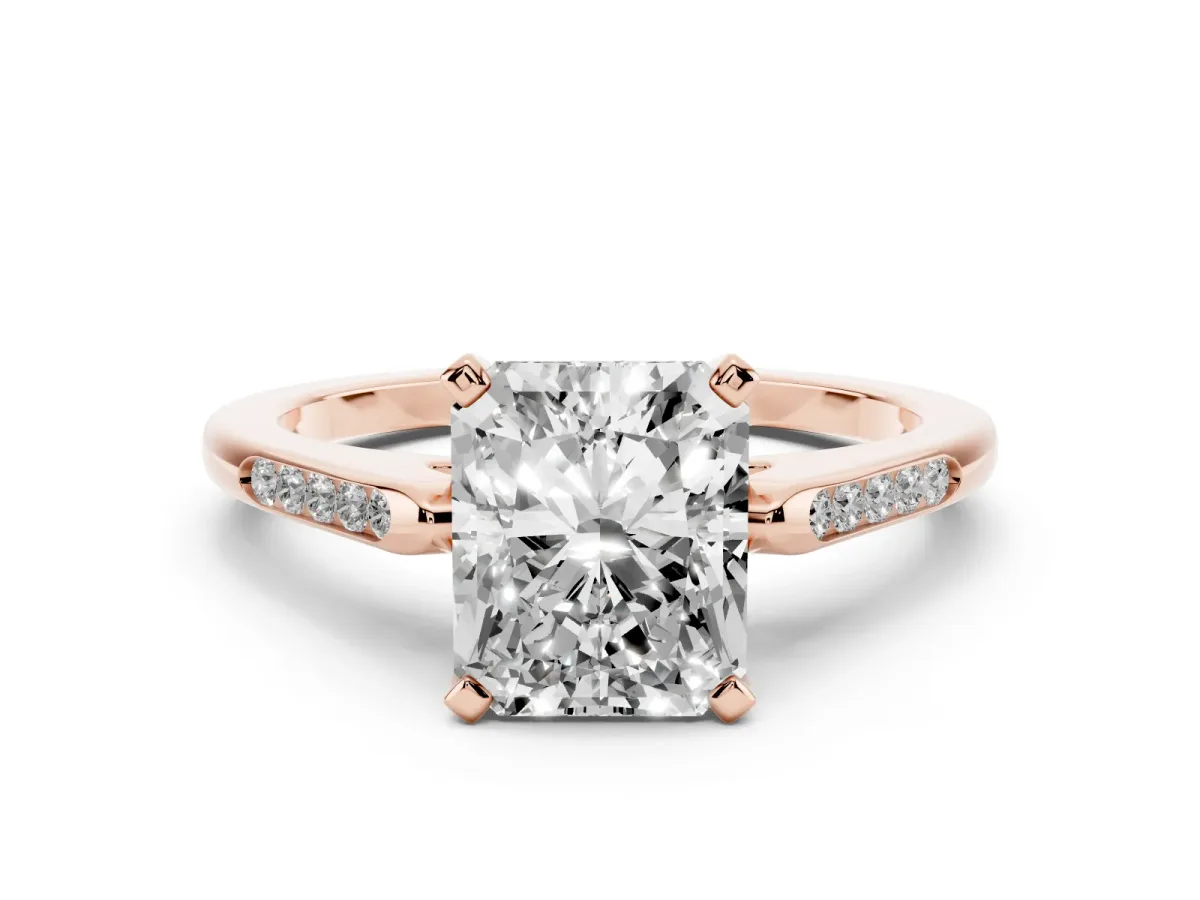 Radiant Cut Diamond Solitaire Ring with Channel Set Round Band and Prong Setting Rose gold