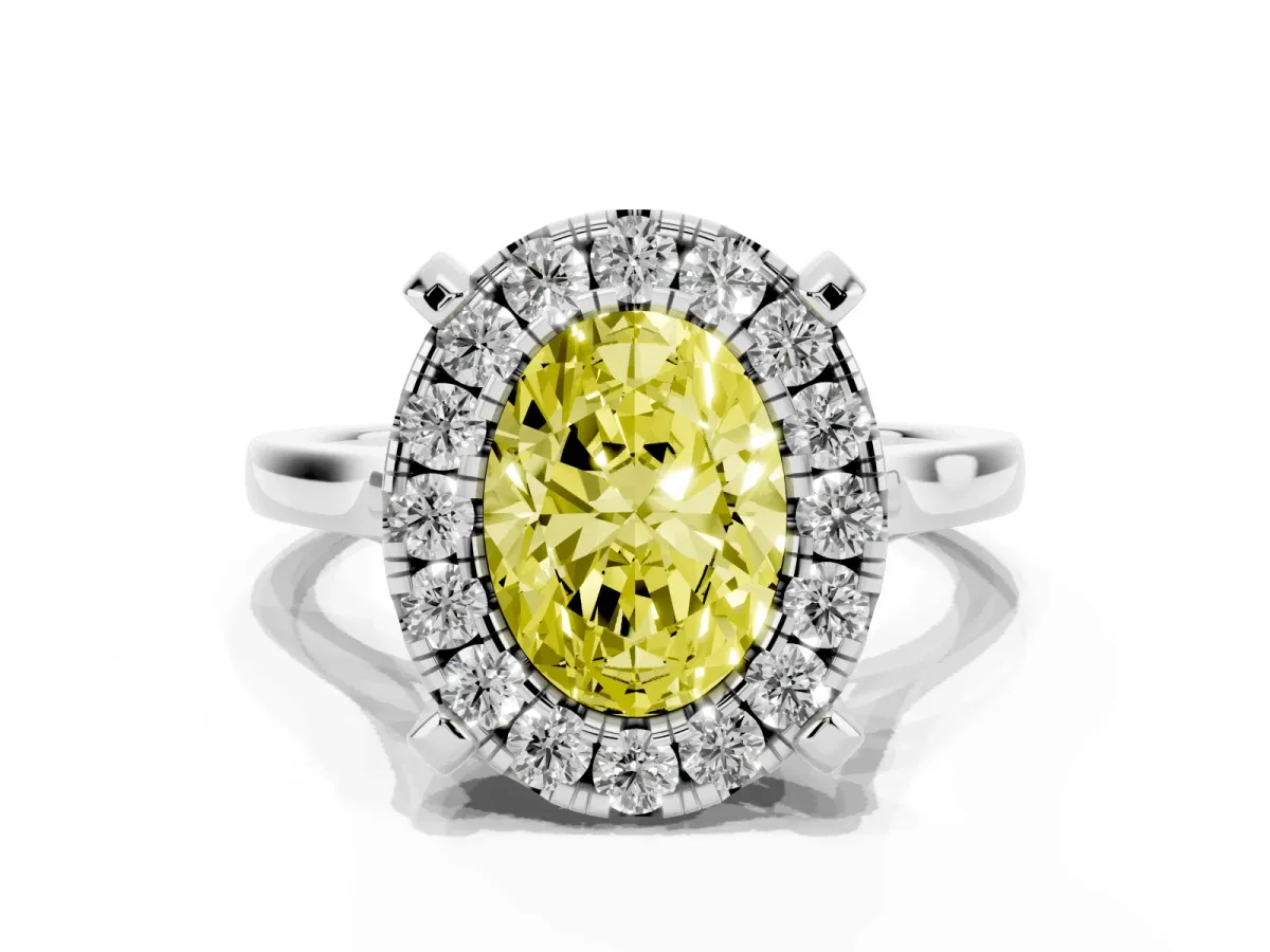 Fancy Yellow Oval Cut Diamond Cluster Halo Solitaire with Four-Prong Setting Silver