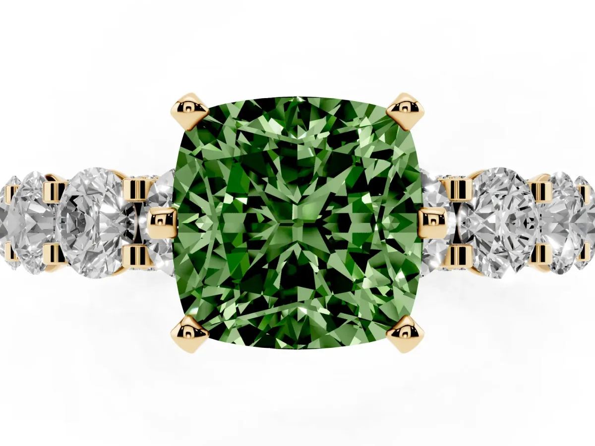 Fancy Green Cushion Cut Diamond Side Stone Engagement Ring with Four-Prong Setting Yellow gold