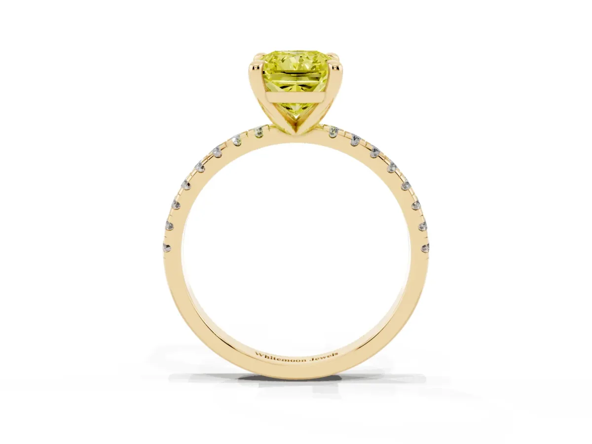 Fancy Yellow Radiant Cut Diamond Brilliant Solitaire Ring with Pavé Band and Four-Prong Setting Yellow gold