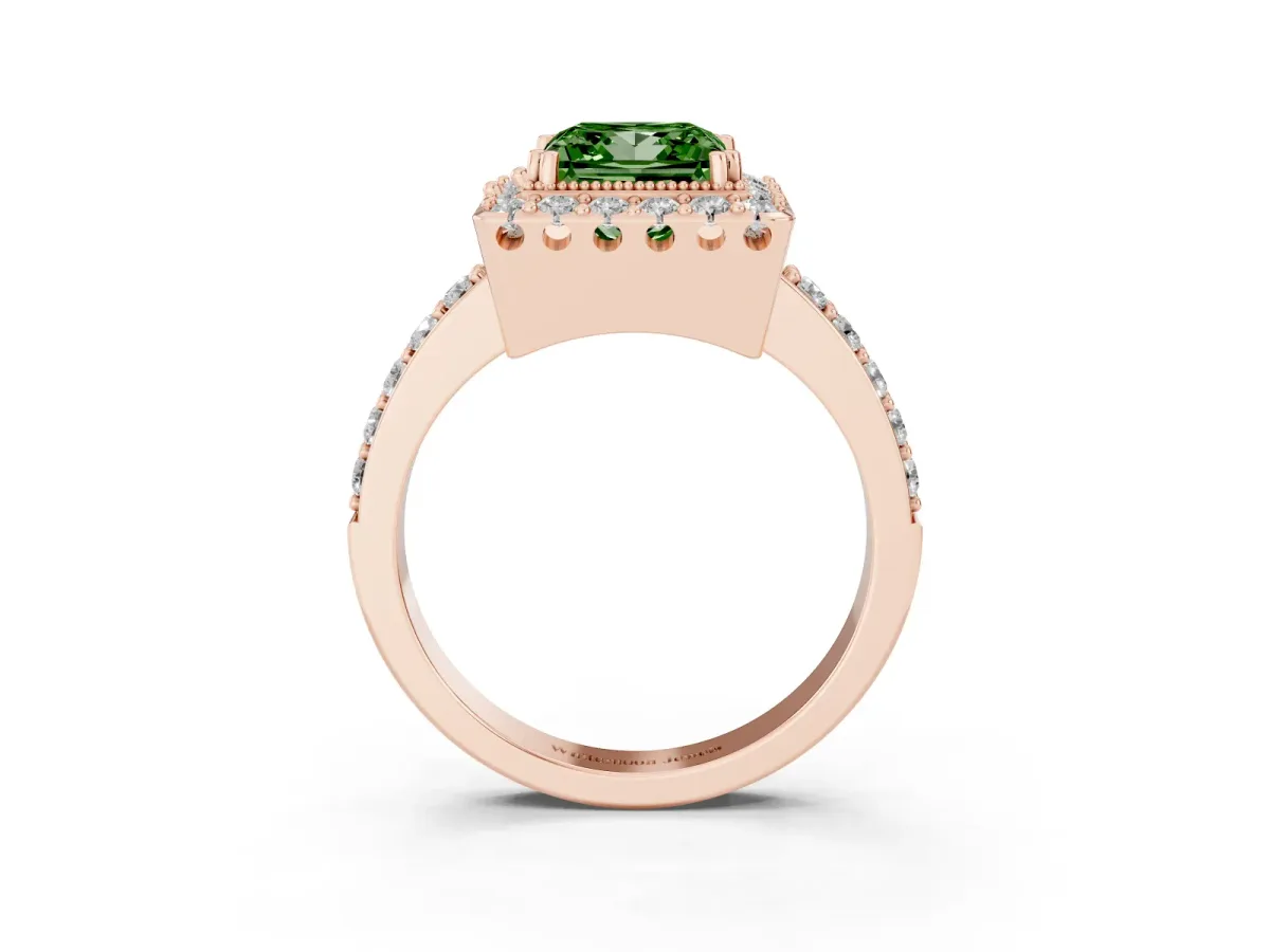 Fancy Green Princess Cut Diamond Halo Ring with Pavé Band and Prong Setting Rose gold