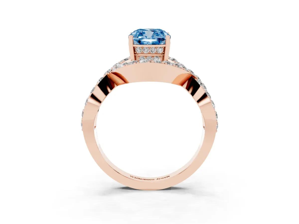 Fancy Blue Cushion Cut Solitaire Twist Band Pavé Diamond Engagement Ring Rose gold