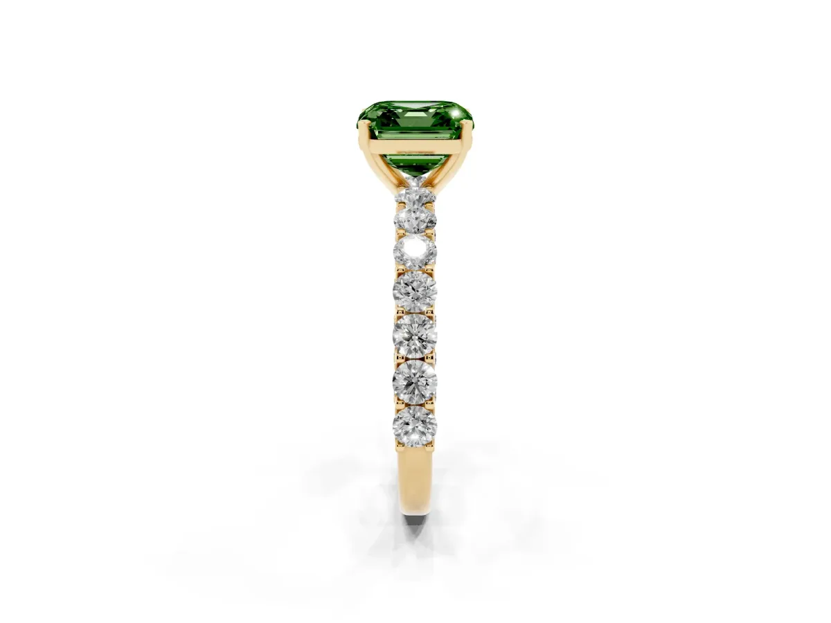 Fancy Green Asscher Cut Diamond Solitaire Ring with Shared Prong Pavé Band and Four-Prong Setting Yellow gold