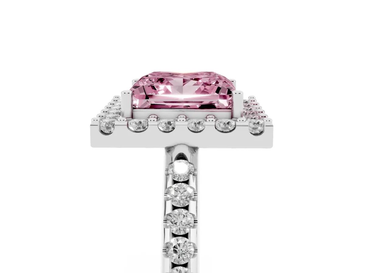 Fancy Pink Princess Cut Diamond Pavé Halo Ring with Four-Prong Setting Silver