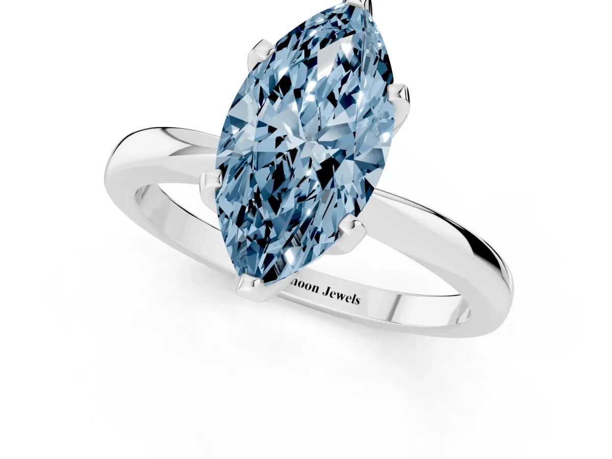 Fancy Blue Marquise Cut Solitaire Engagement Ring with Six-Prong Setting and Tapered Band Platinum