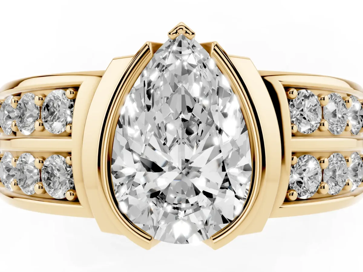 Pear Cut Brilliant Diamond Channel Set Wide Band Ring with Bezel Setting Yellow gold