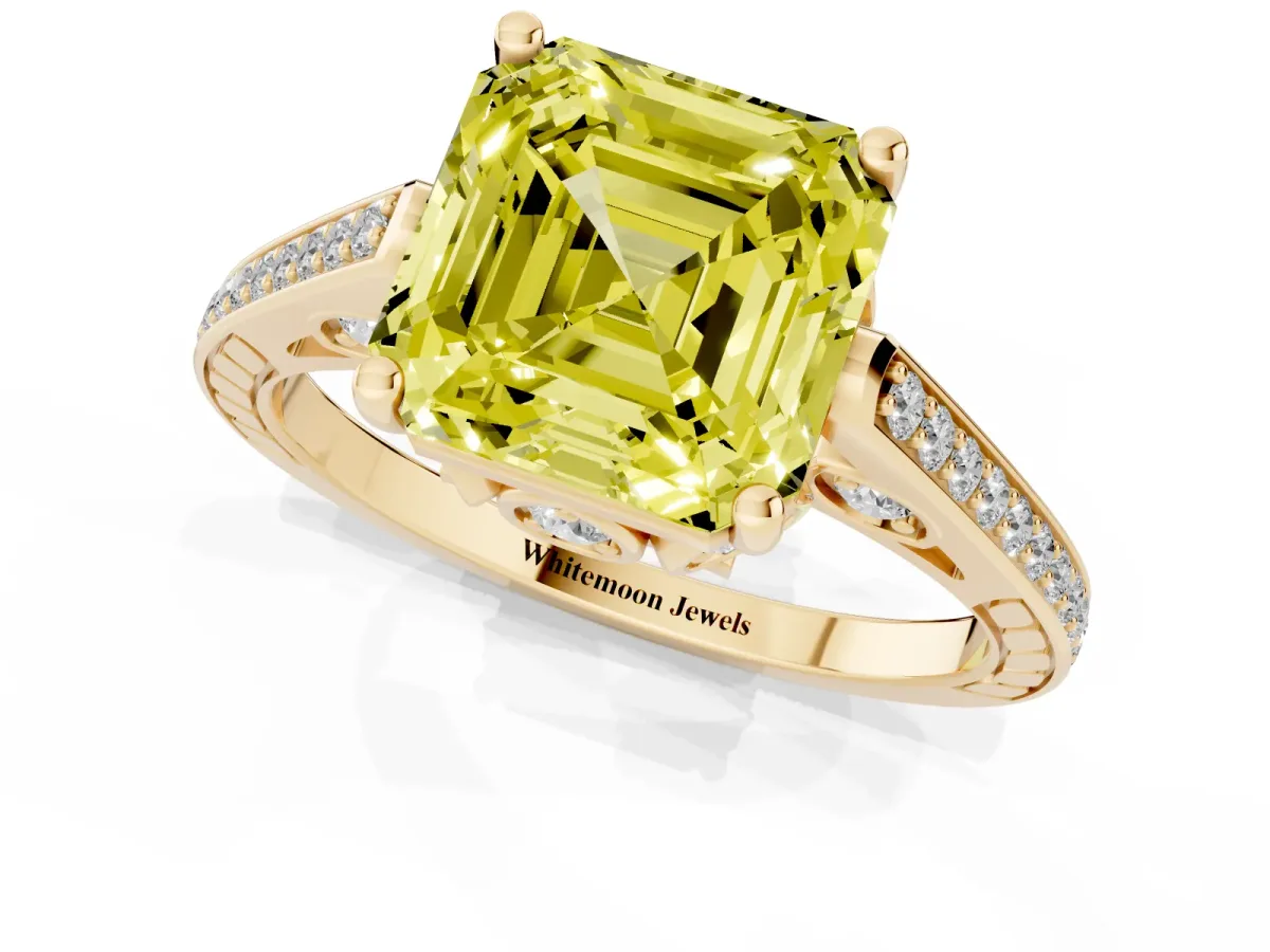 Fancy Yellow Asscher Cut Cut Cathedral Pave Diamond Engagement Ring with Six-Prong Setting Yellow gold
