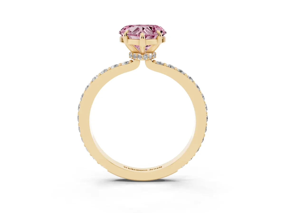 Fancy Pink Heart Cut Diamond Pavé Engagement Ring with Round Accents and Prong Setting Yellow gold