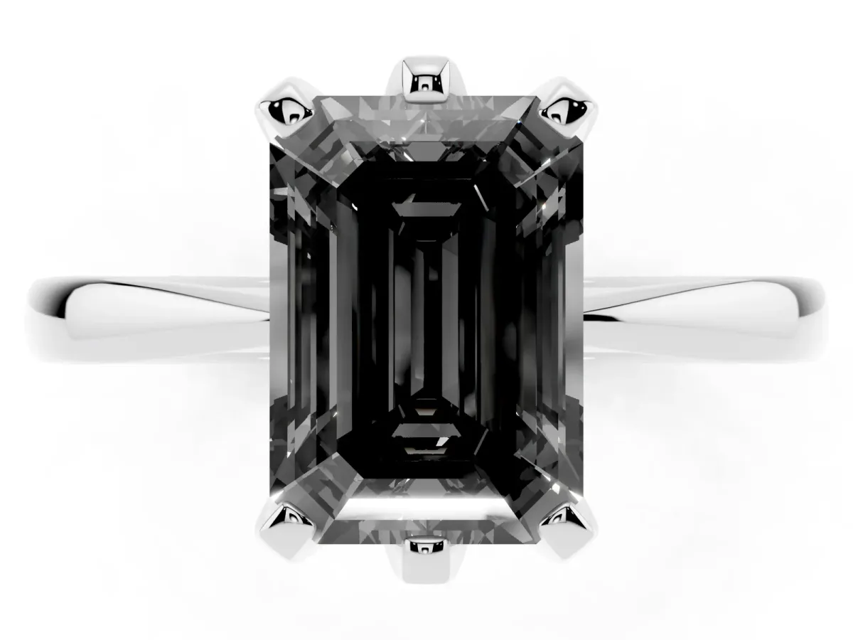 Fancy Black Emerald Cut Solitaire Engagement Ring with Six-Prong Setting and Tapered Band Silver