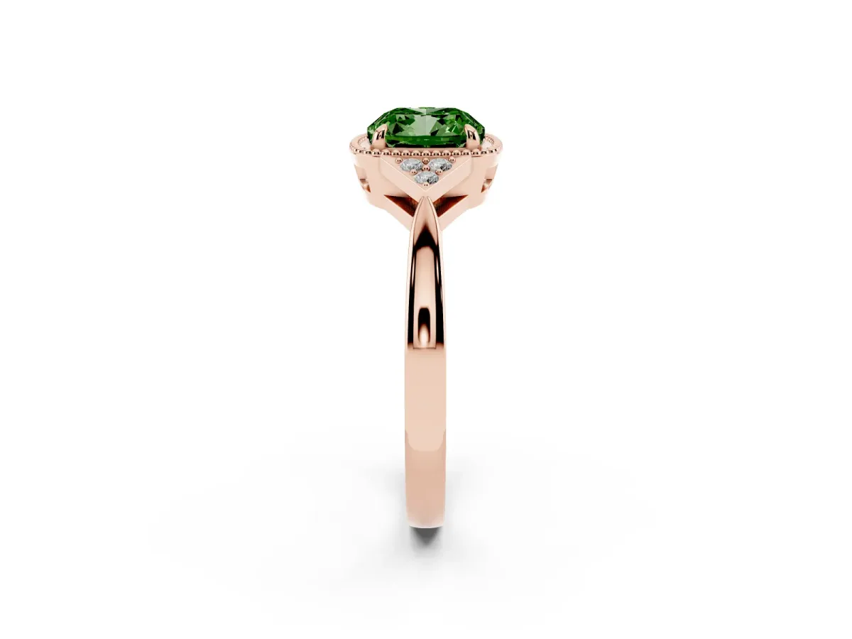 Fancy Green Cushion Cut Diamond Halo Ring with Tapered Band and Four-Prong Setting Rose gold