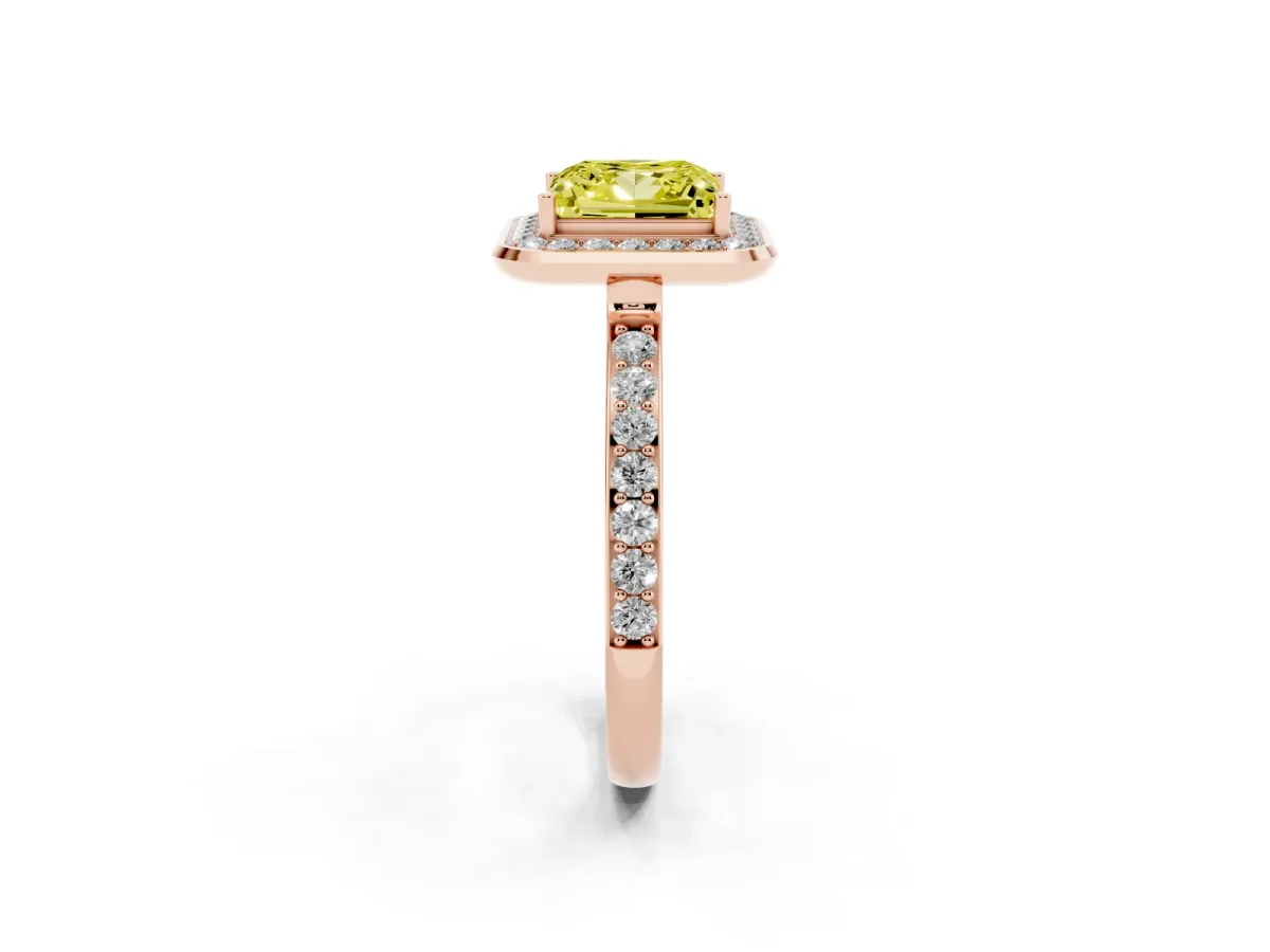Fancy Yellow Princess Cut Diamond Halo Ring with Bezel Frame and Pavé Band Rose gold