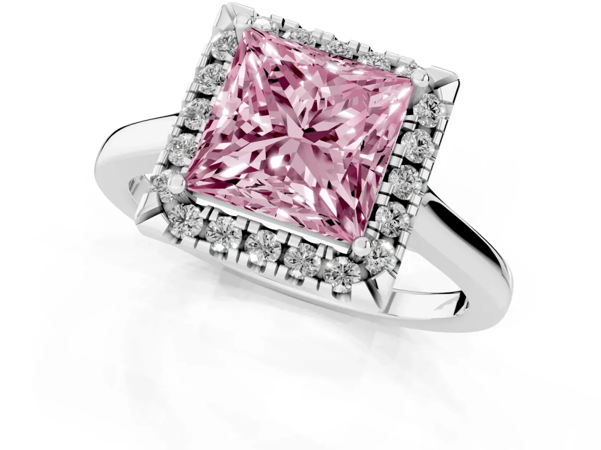 Fancy Pink Princess Cut Halo Round Diamond Solitaire Ring with Pavé Band and Four-Prong Setting Silver