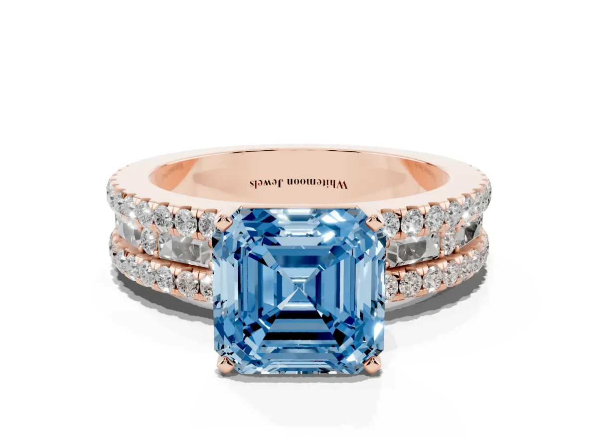 Fancy Blue Asscher Cut Diamond Solitaire Ring with Pavé and Channel Set Band Rose gold