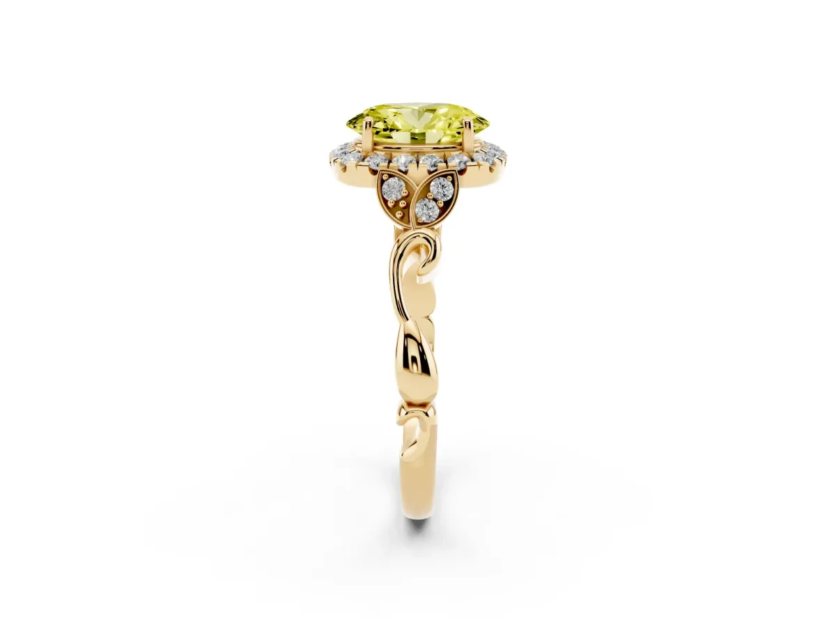 Fancy Yellow Oval Cut Halo Diamond Engagement Ring with Vintage-Inspired Band and Four-Prong Setting Yellow gold