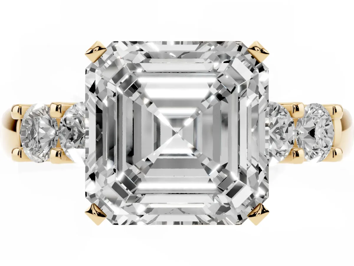 Asscher Cut Brilliant Cut Diamond Five-Stone Prong Set Engagement Ring with Channel Band Yellow gold
