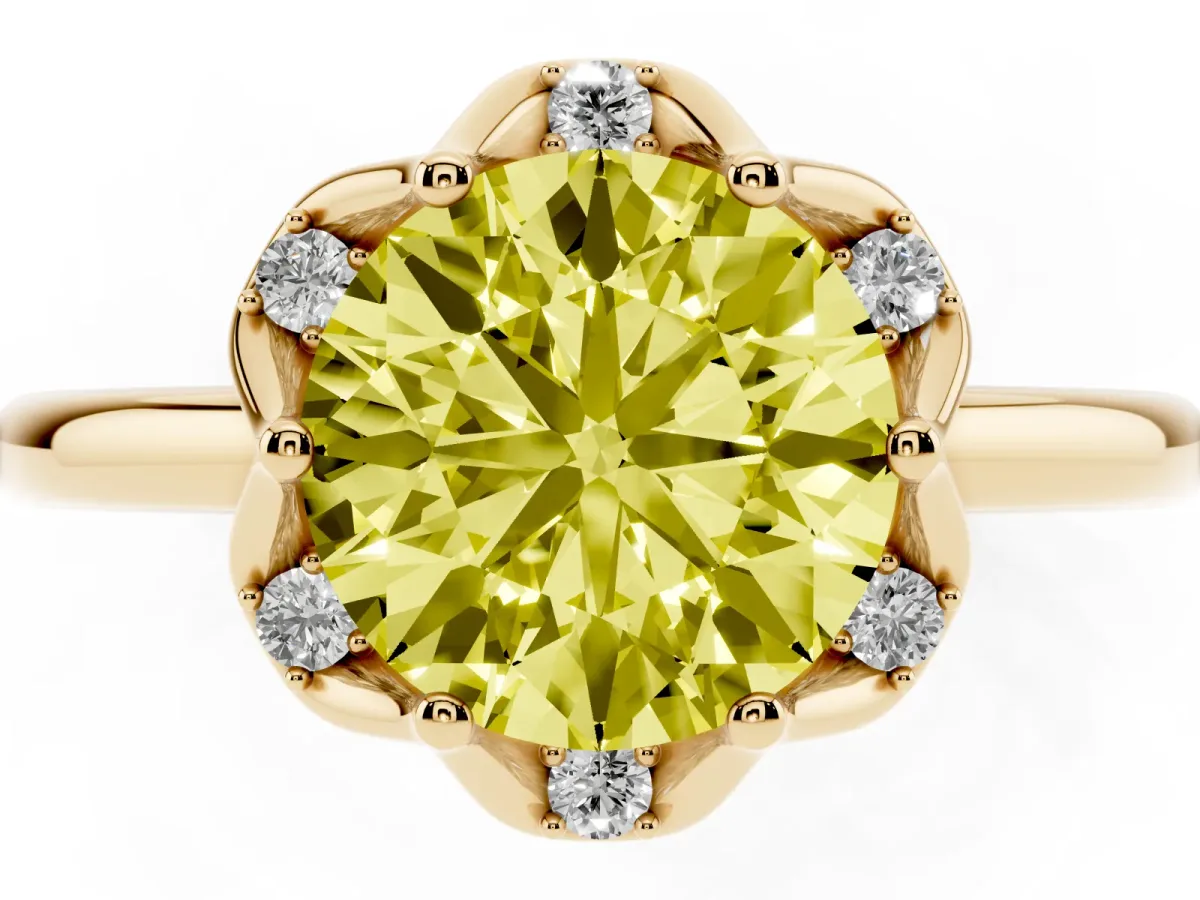 Fancy Yellow Round Cut Halo Diamond Ring with Round Cluster Setting, Solitaire Band, and Four-Prong Setting Yellow gold