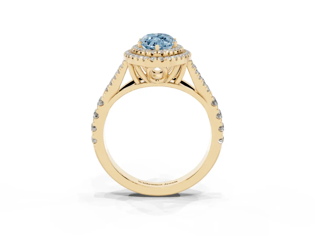 Fancy Blue Marquise Cut Diamond Pavé Split Shank Double Halo Engagement Ring Yellow gold
