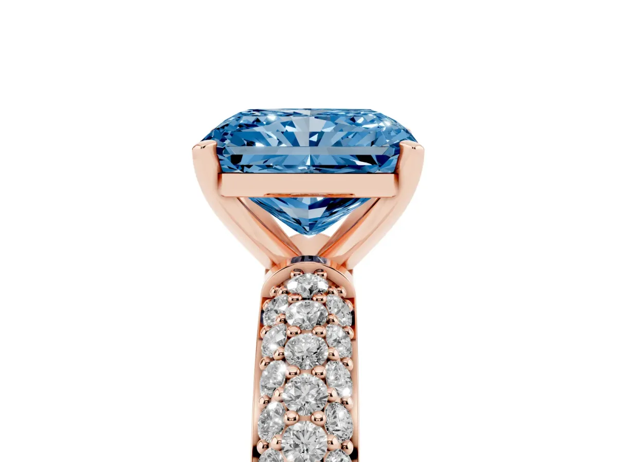 Fancy Blue Radiant Cut Diamond Solitaire Ring with Prong Setting and Pavé Band Rose gold