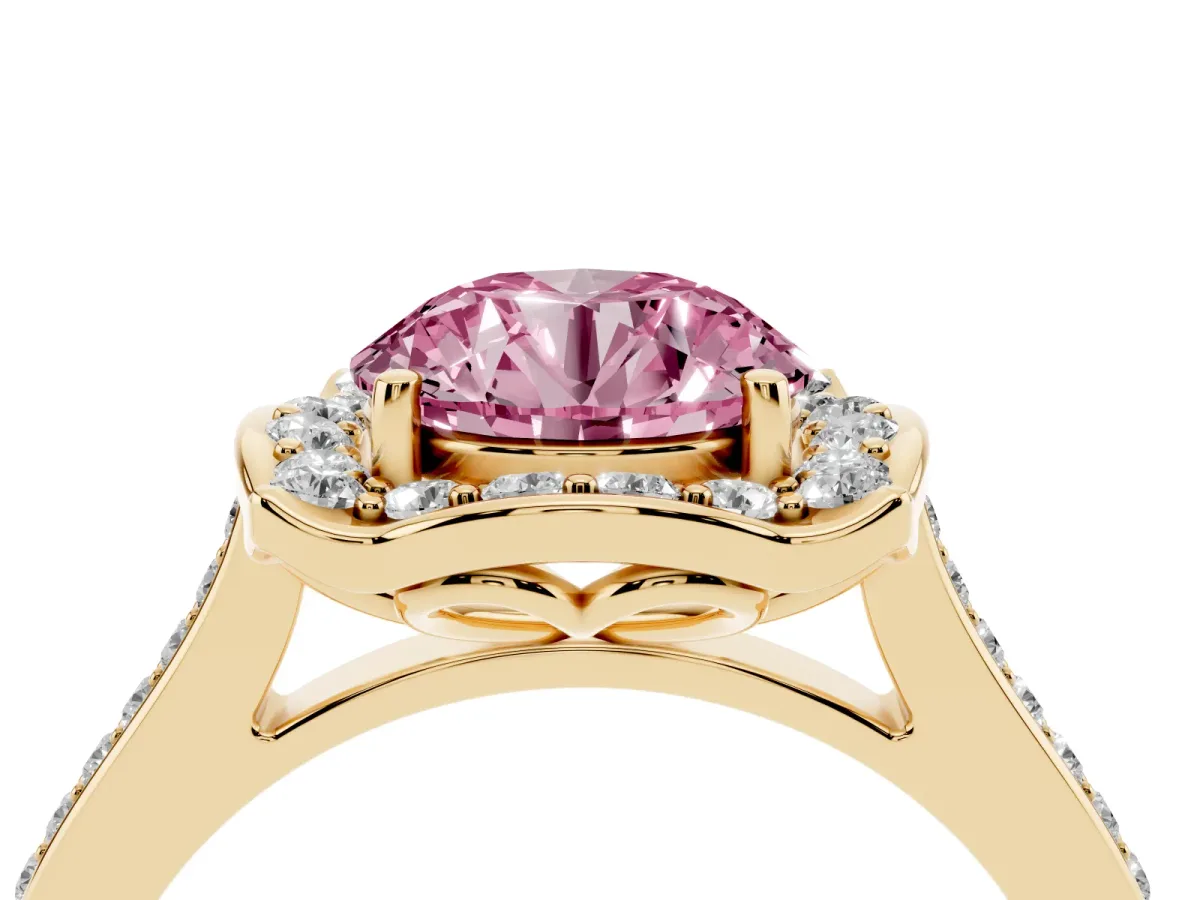 Fancy Pink Round Cut Halo Round Diamond Pave Band with Four-Prong Setting Yellow gold