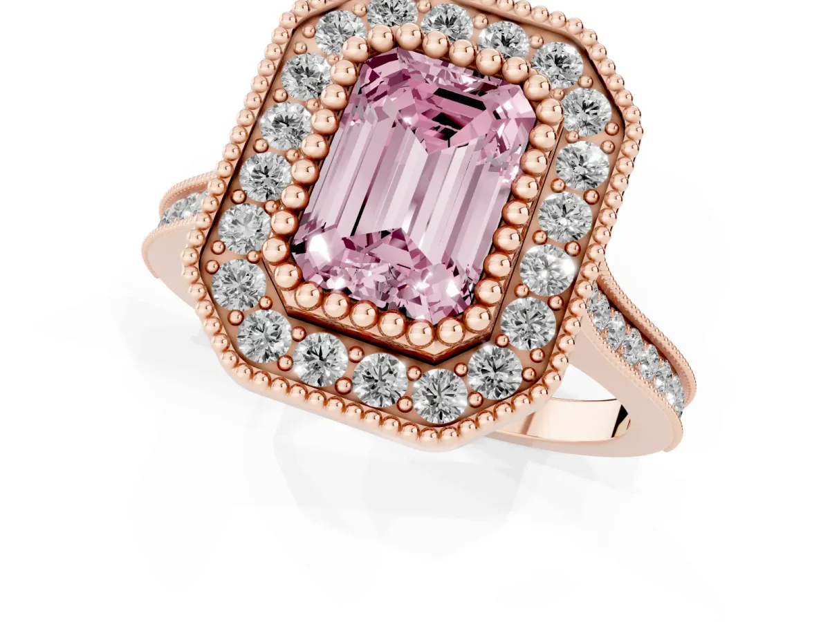Fancy Pink Emerald Cut Diamond Halo Ring with Milgrain Frame and Pavé Band Rose gold