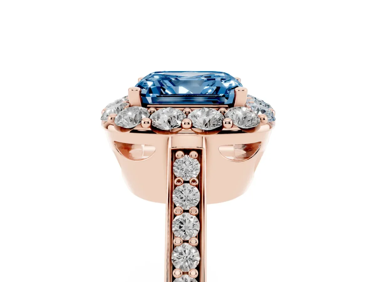 Fancy Blue Asscher Cut Diamond Floral Halo Ring with Pavé Band and Prong Setting Rose gold