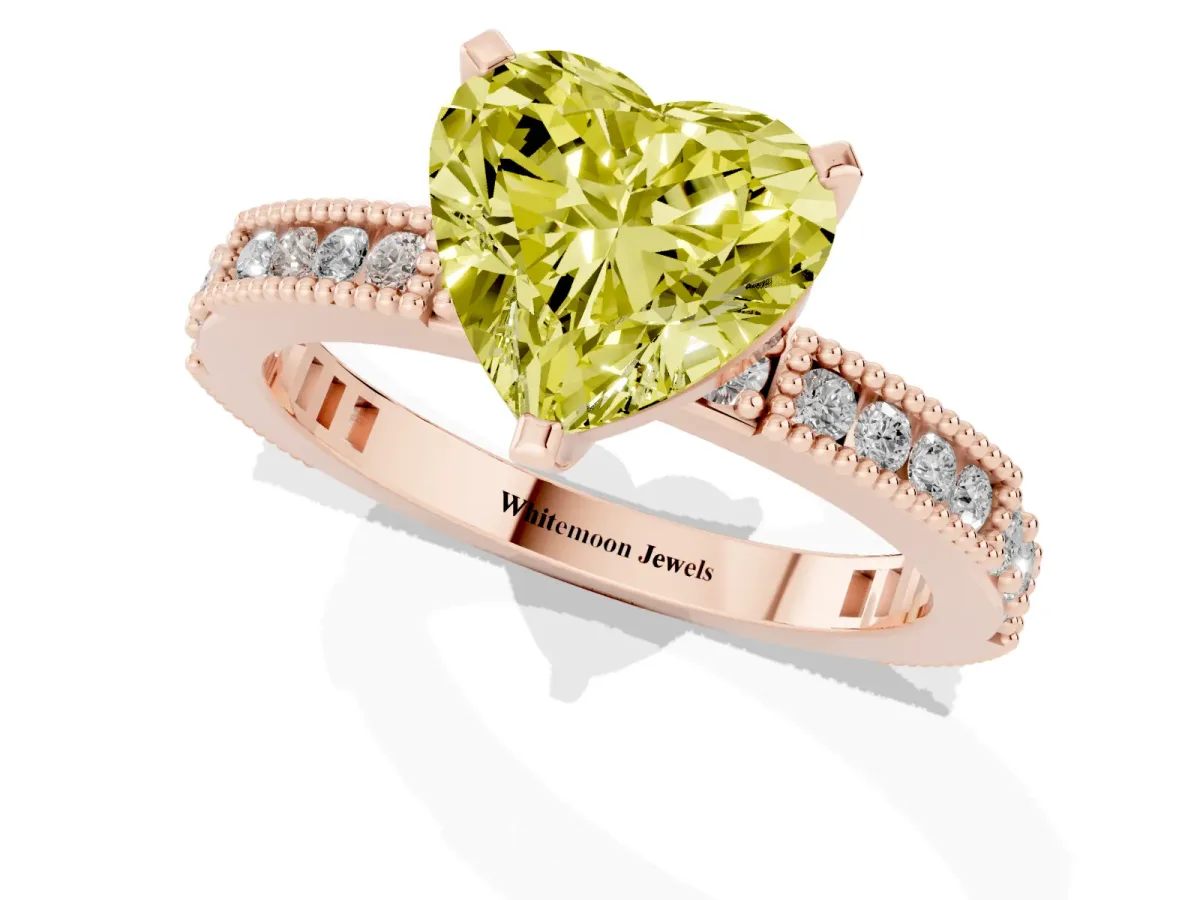 Fancy Yellow Heart Cut Solitaire with Pavé Band and Four-Prong Setting Rose gold