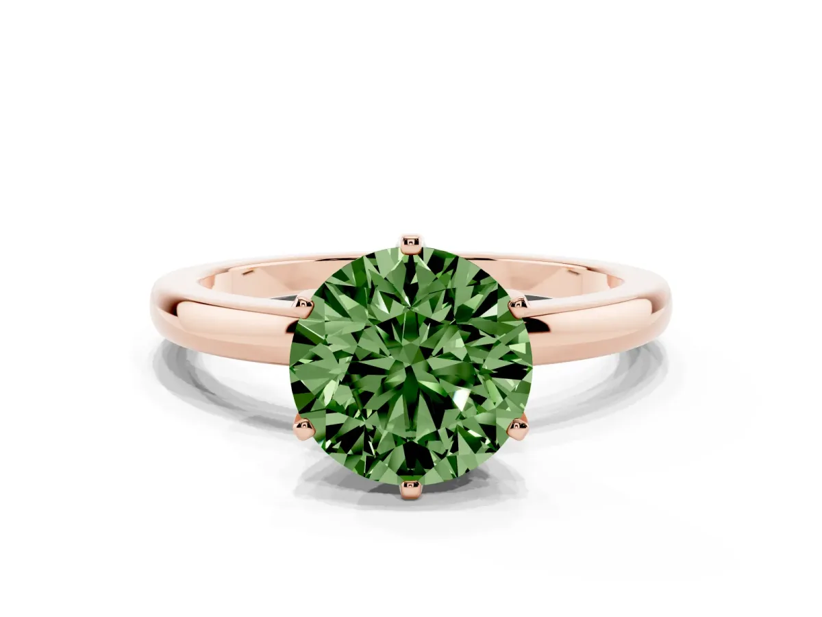 Fancy Green Round Cut Solitaire Diamond Ring with Six-Prong Setting on a Classic Band Rose gold