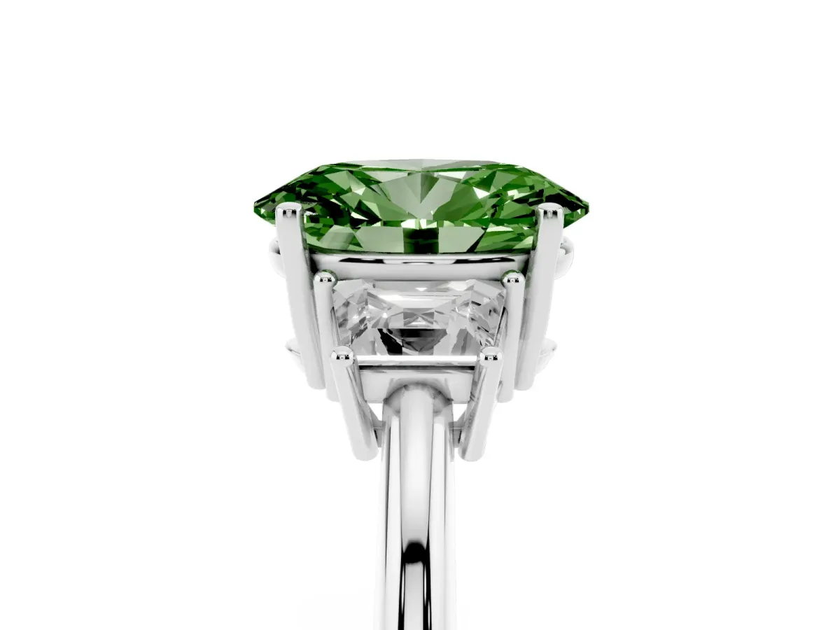 Fancy Green Oval Cut Diamond Three-Stone Ring with Trapezoid Side Stones and Prong Setting Platinum