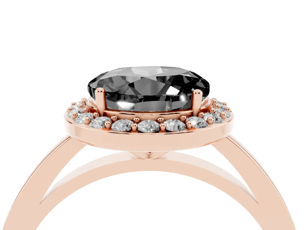 Fancy Black Round Cut Halo Diamond Ring with Solitaire Band and Prong Setting Rose gold