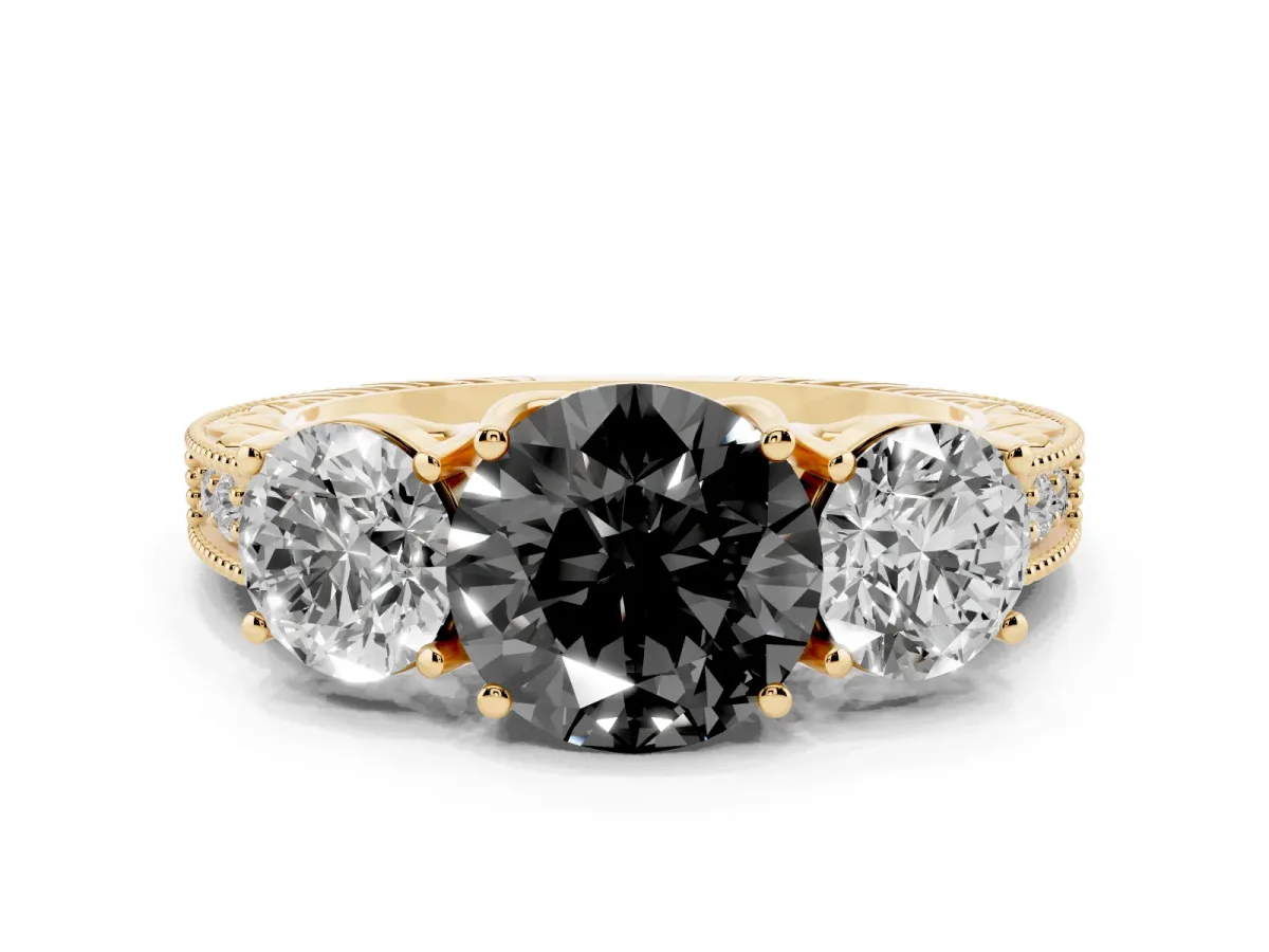 Fancy Black Three-Stone Round Cut Cut Milgrain Pavé Engagement Ring Yellow gold